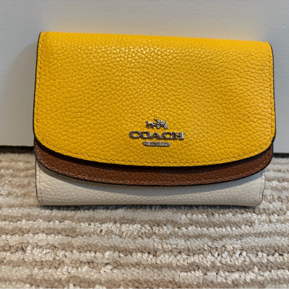 Authentic Coach Pebbled Leather Colorblock Wallet in Yellow, Brown & Cream
